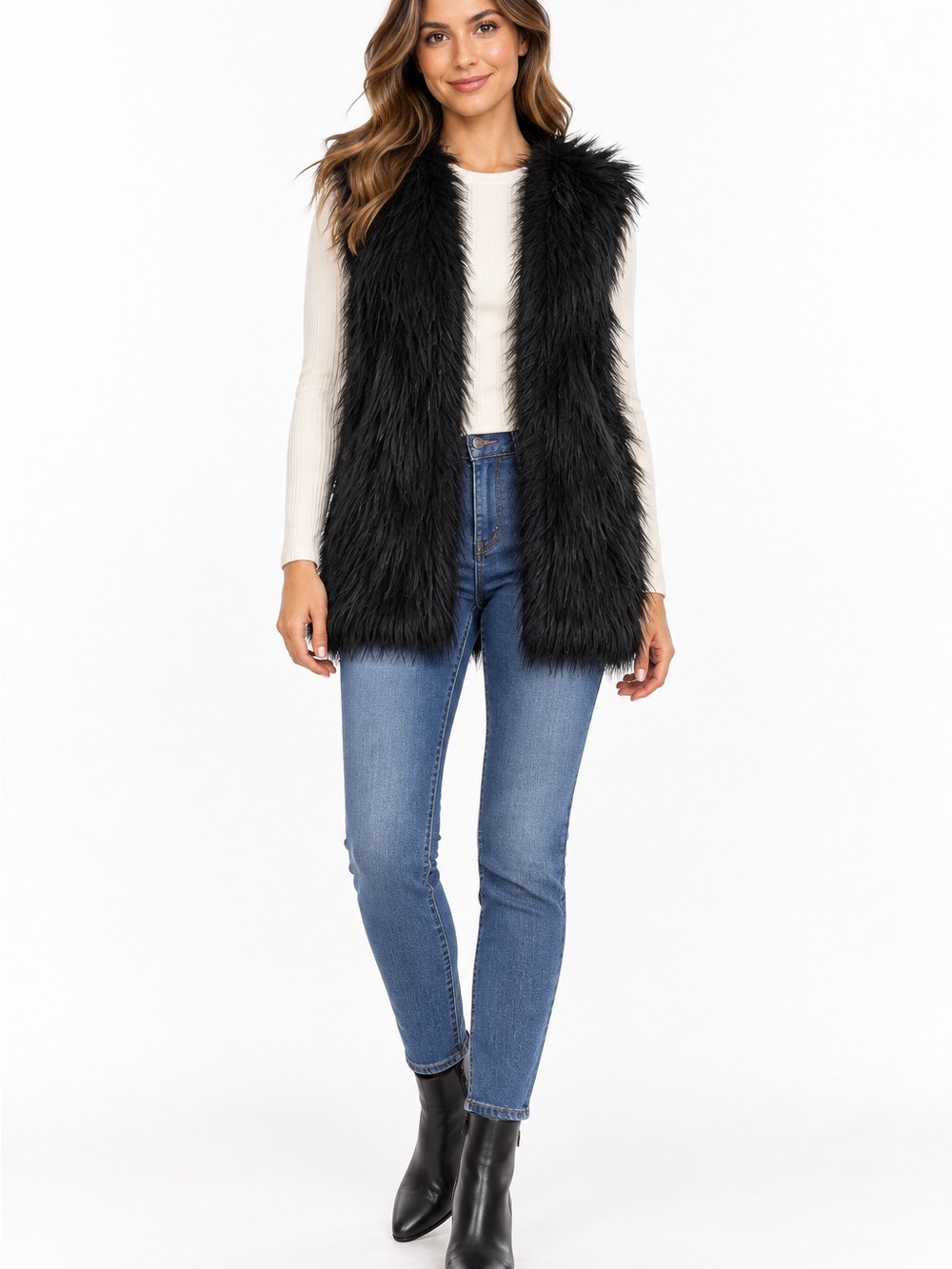 Hippie Rose Black Shaggy Faux Fur Open Front Boho Vest Size S